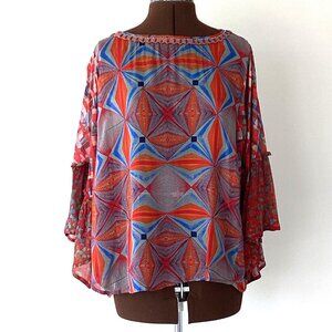 Colourful Geometric Print Top with Flounce Sleeves